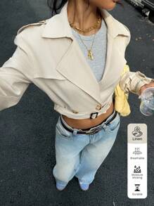 Muchica 女式米色翻领双排扣短款休闲风衣 - 杏色 - 查看 5