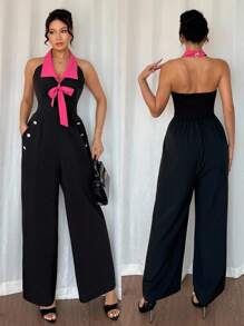 Islaluna Elegant Daily Commute Fitted Sleeveless Halter Neck Bowknot Pink & Black Long Jumpsuit