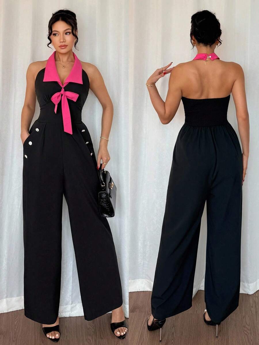Islaluna Elegant Daily Commute Fitted Sleeveless Halter Neck Bowknot Pink & Black Long Jumpsuit