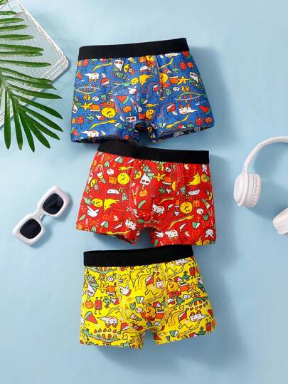 3pcs/Pack Boys' Crazy Monster Print Soft Cotton Boxer Briefs