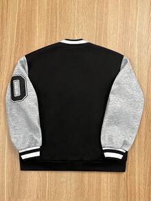 SHEIN Tween Boy 休闲运动字母图案棒球领宽松撞色夹克，适合通勤、上学、日常休闲、旅行、运动、秋冬 - 彩色 - 查看 2