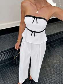 Siren Gaze Business Casual Woman Old Money Style Back To School Teacher Outfits For Women Winter Clothes For Women Autumn Clothes White Set Black Bow Tube Top Vest White Trousers Suit Commuting Leisure Women 2pcs Set Elegant Contrast Color Trim Bow Decor Camisole And Pants, Summer White