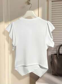 SHEIN Privé Women's Casual Solid Color Minimalist Fashion T-Shirt, Suitable For Summer - White - View 2