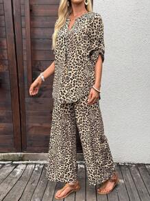 EMERY ROSE 夏季女士豹纹衬衫和裤子两件套 - 棕色 - 查看 10