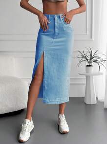 RueChic High Waist Split Thigh Denim Skirt - Dark Wash - View 4