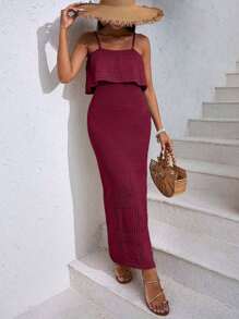 EURMUSE 女士纯色休闲/度假风无袖长裙，夏季 - 酒紅色 - 查看 4