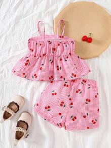 SHEIN Vintaside Kids 2pcs/Set Baby Girl Spring&Summer Vacation Style Cherry&Plaid Printing Slip Top&Shorts