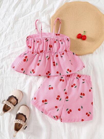 SHEIN Vintaside Kids 2件套女婴春夏度假风樱桃格子印花吊带上衣和短裤
