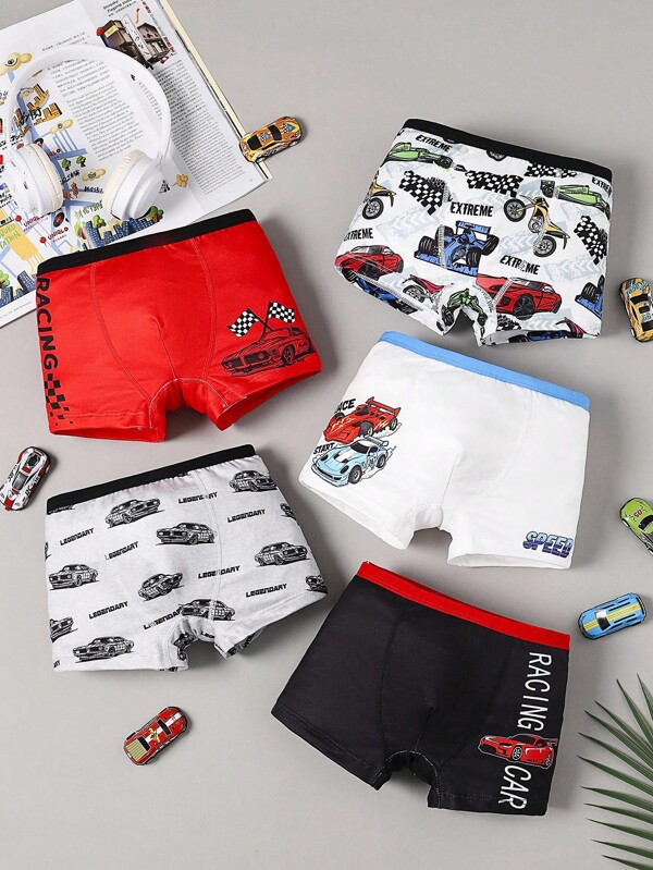 5pcs/Set Boys' Comfortable Cartoon Car Print Boxer Shorts
