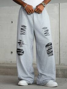PAVTROS 男士宽松图案印花运动裤，街头风格图案运动裤超大号运动裤宽松灰色运动裤男士补丁运动裤灰色运动裤，宽松裤 - 淺灰色 - 查看 5