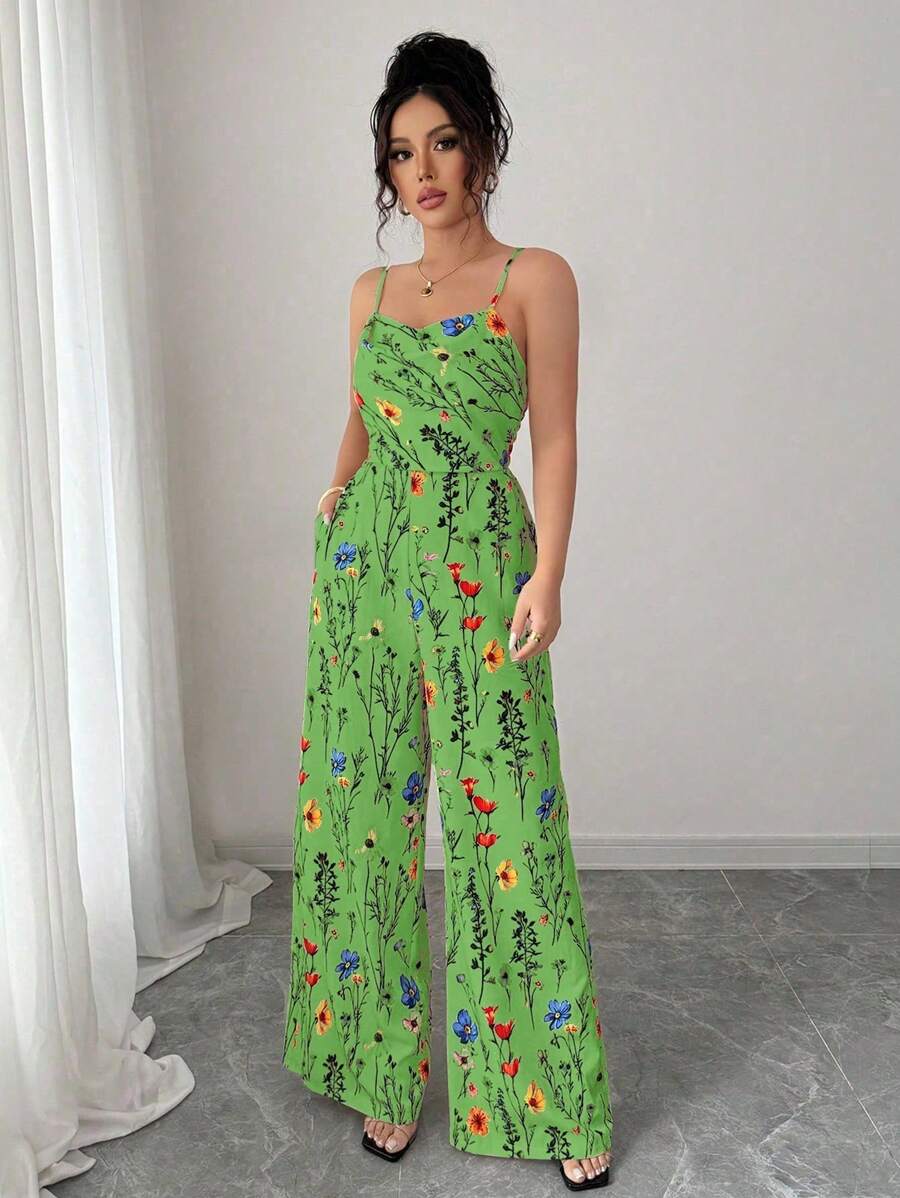 SHEIN PETITE 女式优雅花卉印花细肩带阔腿连体裤，春夏 - 綠色 - 查看 1