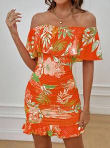 Selianne Plants Print Off Shoulder Ruffle Trim Ruched Bodycon Dress Vacation Beach Outfits Women - Orange - View 5