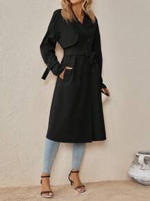 SHEIN Clasi Áo gió dài tay cổ tròn họa tiết trơn màu cho nữ mùa thu/đông - màu đen - Xem 6