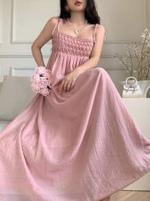 Modelyn 女式优雅纯色夏季褶皱长款吊带裙 - 珊瑚粉 - 查看 3