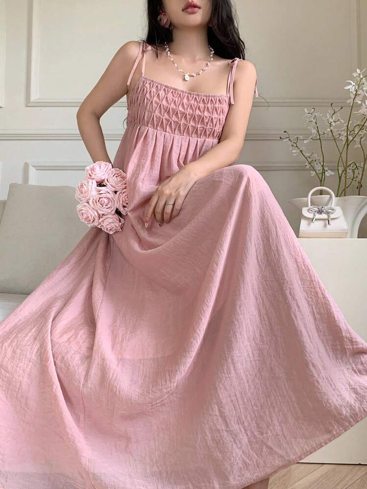 Modelyn Women's Elegant Solid Color Pleated Maxi Slip Dress For Summer - Coral Pink - View 3