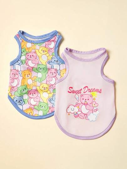 PETSIN 2 piezas Chaleco casual, cómodo y transpirable para mascotas perros y gatos con estampado lindo de oso de peluche en colores