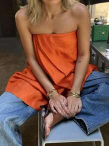 SHEIN Essnce Women Simple Solid Color Casual Blouse - Orange - View 3