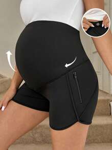 SHEIN Adjustable Waist Maternity Solid Color Pockets Casual Versatile Shorts - Black - View 1