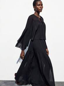 Maija 女式纯色系带荷叶边喇叭袖宽松时尚上衣 - 黑色 - 查看 6