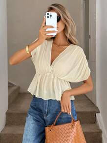 Easowa V 领褶皱腰 A 字形上衣，采用透明面料，女士休闲优雅假日装，春夏冬季老式风格正式上衣，外出办公室装束前系带上衣，秋季老式风格机场商务休闲可爱上衣 - 白色 - 查看 1