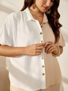 Nubod 夏季大尺碼女士色塊蝙蝠袖休閒寬鬆襯衫，帶翻領