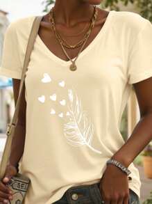 SHEIN LUNE T-shirt à manches courtes et col en V grande taille, simple et à la mode, adapté à l'été