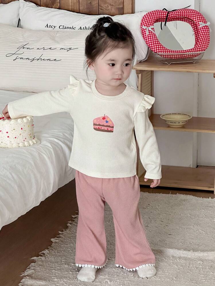 Baby Girl Cake Print Patchwork Ruffle Hem Long Sleeve T-Shirt And Pants Casual 2 Pieces Set Toddler Girls Clothes
