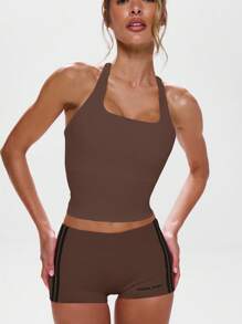 Musera Sport Top ajustado con cuello halter y tirantes en la espalda para actividades, entrenamiento, gimnasio, pádel, tenis, pickleball - Marrón Chocolate - Ver 4