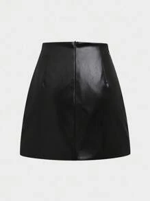 INAWLY Fashion Asymmetric Design Side Metal Chain Decor Solid Color Zipper PU Leather Women Skirt