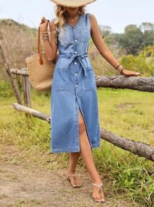 EMERY ROSE Plus Size Denim Casual Holiday Denim Dress - Light Wash - View 6