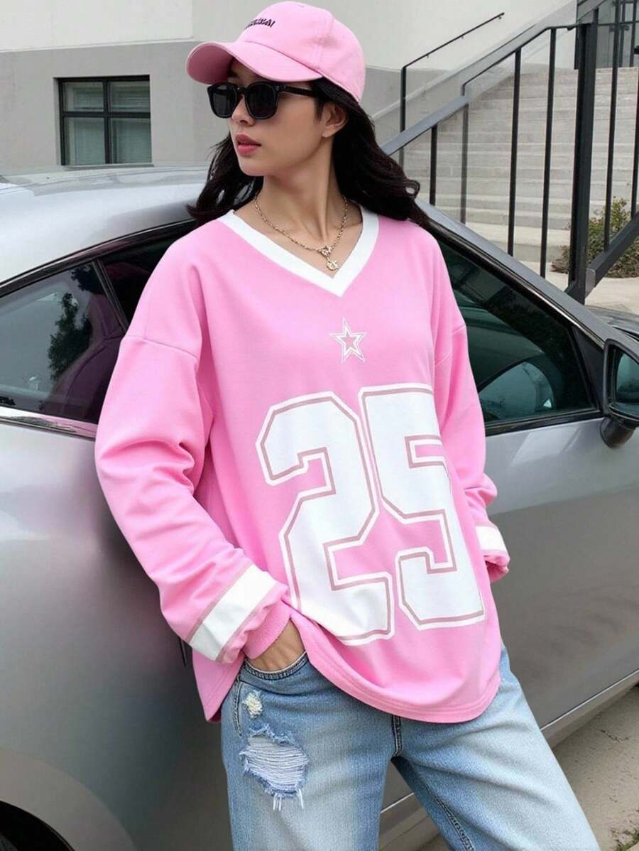 SHEIN Teen Girl's Pink Ribbed Collar Number & English Letter Print Loose Casual Sweatshirt, College Style Oversized Sweatshirt, Back To School Season - Pink - View 1