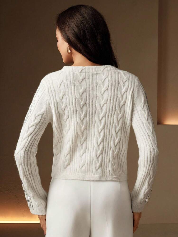 Chaqueta de punto con mangas largas, bordada con lentejuelas y hilo plateado para mujer