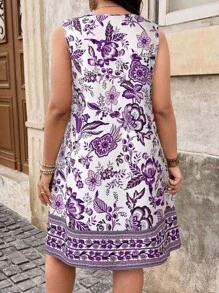 SHEIN LUNE 大码女式节日花卉印花锁孔领休闲无袖连衣裙 - 紫色 - 查看 2