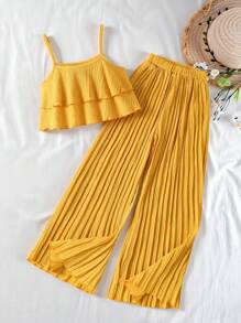 SHEIN Vintaside Kids Tween Girl Ruffle Hem Cami Top & Pleated Wide Leg Pants