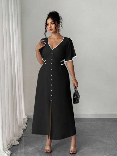 chinese dress ladies SHEIN Autumn Casual Contrast Woven Notched Wrap One Piece Sleeve Maxi Plus  Size Dresses main image 0