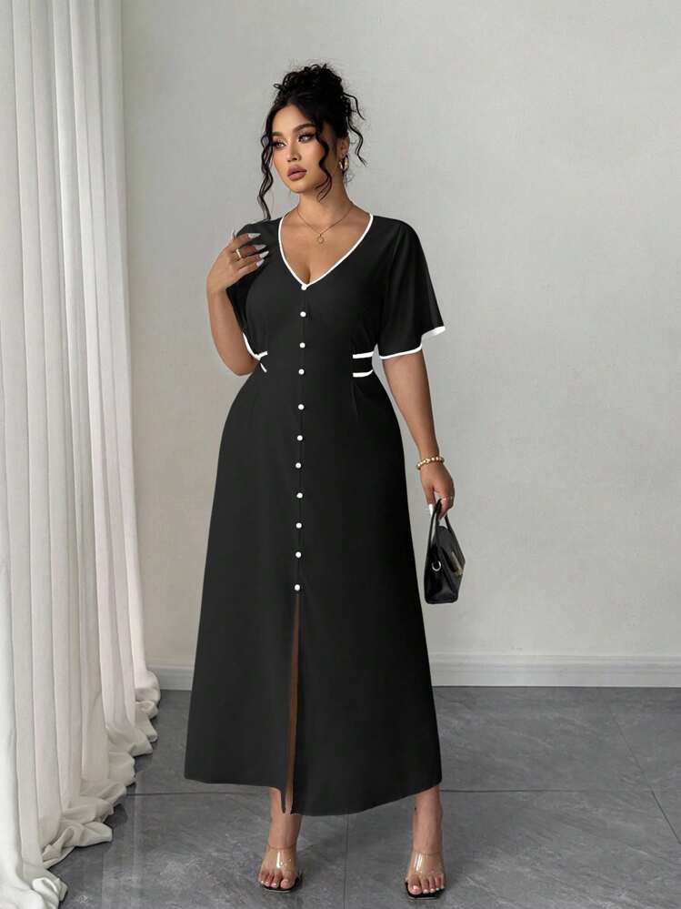 Elenzga Plus Size Women's Elegant Lady Fashion Versatile Casual V-Neck Front Button Cinched Waist Color Block Midi Dress - Black - View 5