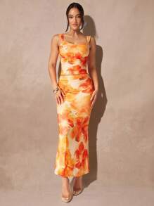 Silquee 2pcs Women's Elegant Summer Beach Vacation Yellow Tie-Dye Floral Print Pleated Mesh Top And Fishtail Skirt Two-Piece Set For Spring And Summer Vacation, Beach, Suitable For Romantic Date, Wedding, Night Out, Beach Vacation, Elegant Beach Vacation, Summer Sexy, Suitable For Date Night, Suitable For Vacation, Beach, Music Festival, Suitable For Spring And Summer, Suitable For Daily Date, Night Out, Party, Gathering - Multicolor - View 8
