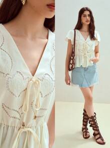 MOTF STUDIO 亚麻结饰荷叶边上衣 - 杏色 - 查看 2