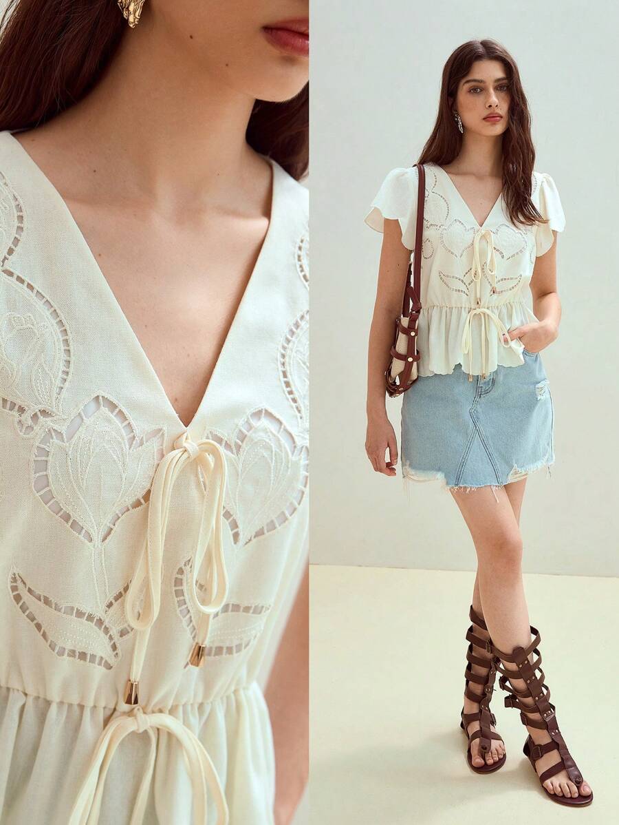 MOTF STUDIO 亚麻结饰荷叶边上衣