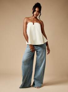 MISSGUIDED Strapless Bandeau Top Sweetheart Neckline Elegant Draped A-Line Design Evening Party Club Night Out Sleeveless Dressy Summer Spring Top - Apricot - View 4