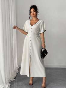 Elenzga Plus Size Women Elegant V-Neck Front Button Cinched Waist Contrast Color Casual Dress