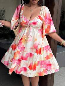 Flirla Plus Size Floral Print Heart Neckline Ruffle Hem Short Sleeve Dress - Multicolor - View 6