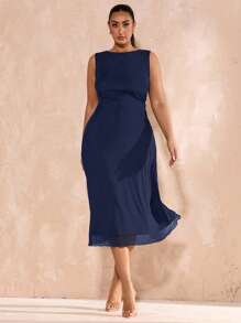 SHEIN BAE 大码女式黑色网眼优雅中长紧身 A 字针织连衣裙，适合毕业典礼、婚礼、法式风格、晚礼服、生日、伴娘、简约优雅的日常/婚礼/伴娘礼服、鸡尾酒会礼服 - 藏蓝色 - 查看 5