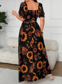 Vionelle 大码女式度假向日葵印花单肩高腰优雅连衣裙 - 黑色 - 查看 2