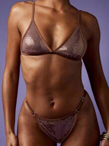 MISSGUIDED Conjunto de Maiô Bikini de Lantejoulas, Top Triângulo Cintilante, Calcinha Brasileira de Corte Alto, Roupa de Praia e Resort de Verão - Café - Visão 1