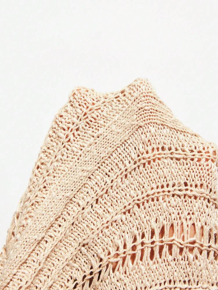 SHEIN Maija Apricot Crew Neck Long Sleeve Hollow Design Knitted Comfortable Fitted Urban Versatile Women Sweater, Autumn,Halloween