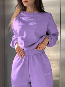 INAWLY Set de 2 piezas de sudadera y pantalón de chándal casual con estampado de letras para mujer, otoño/invierno - Púrpura malva - Ver 3