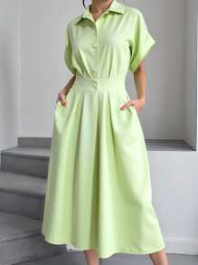 INAWLY Vestido camisa de mujer de manga corta con botones en la cintura, elegante