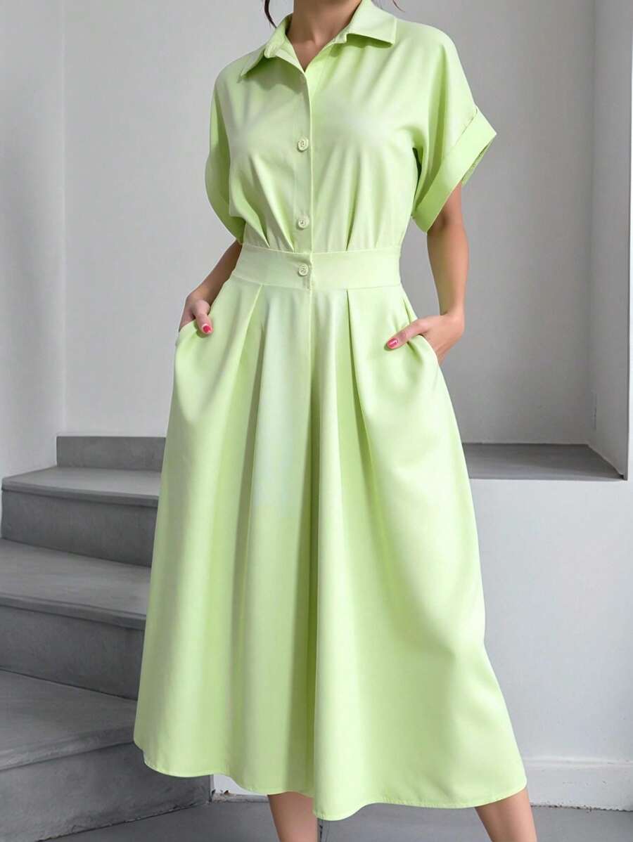 INAWLY Vestido camisa de mujer de manga corta con botones en la cintura, elegante