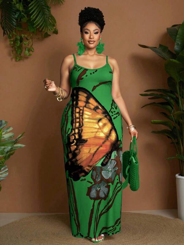 Maweii Plus Size Women Butterfly Print Casual Strap Maxi Dress